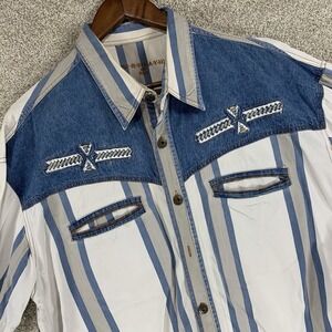 Fryday NRK Brushpopper Denim Shirt Southwestern Cowboy Rodeo Stripe XL?  *Flaws*
